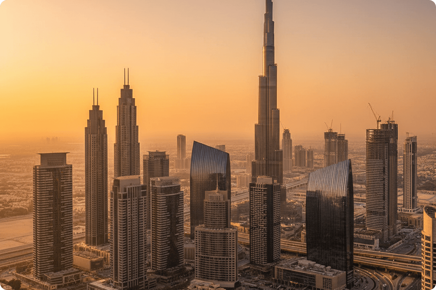 Dubai skyline at sunset